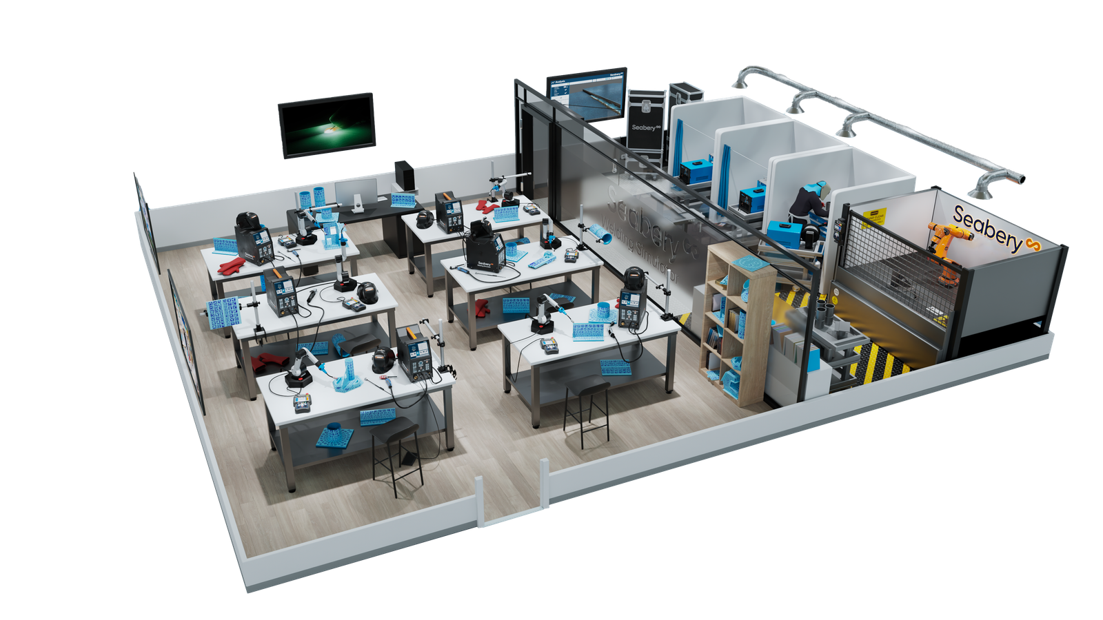 Visualización conceptual de un laboratorio formativo con equipos Soldamatic